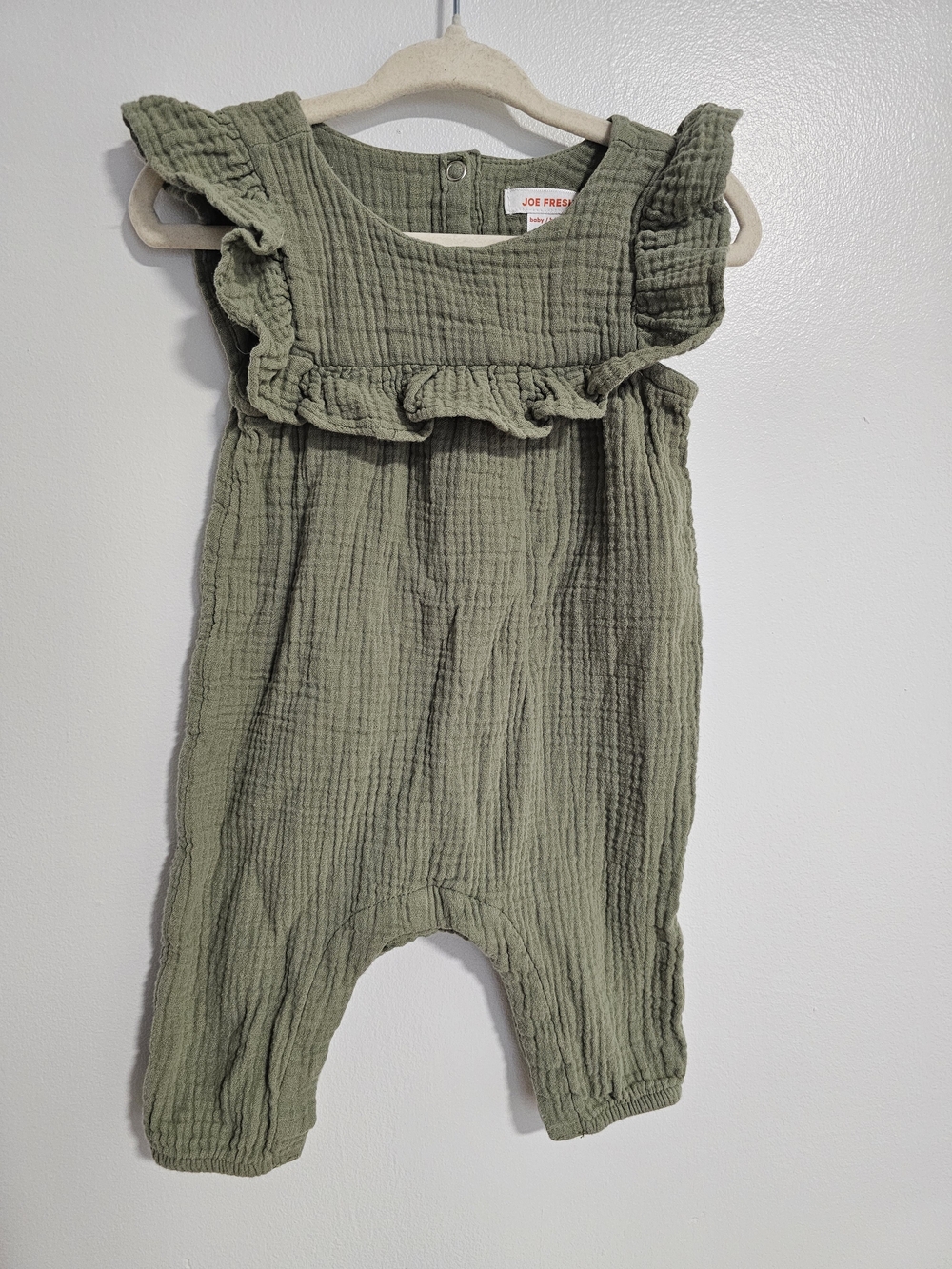 🧸4/20$ Joe Fresh Olive Green Ruffle-Trim Baby Romper Size 3-6M Gauze Cotton